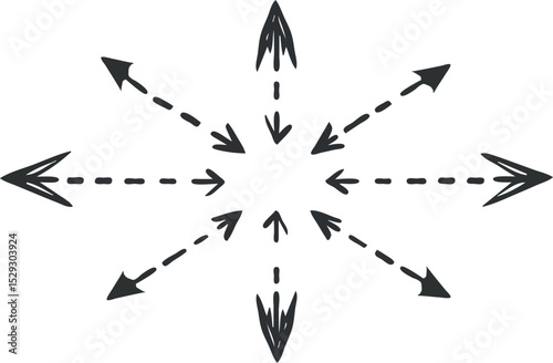 Hand-drawn arrows pointing in multiple directions, representing diverse choices, navigation, expansion, decisions, and possibilities vector illustration isolated on white background