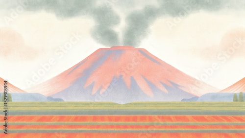 Volcano with smoke above colorful fields and a serene landscape.