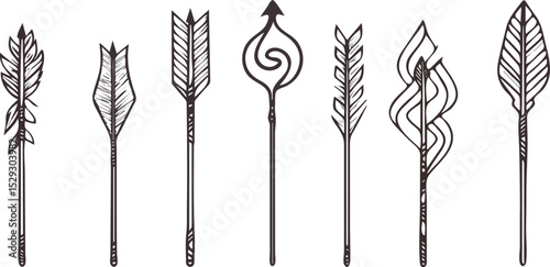 Set of seven hand drawn arrows vector illustration isolated on white background concepts for print, web, design, banner, poster, sticker, card, and textile design