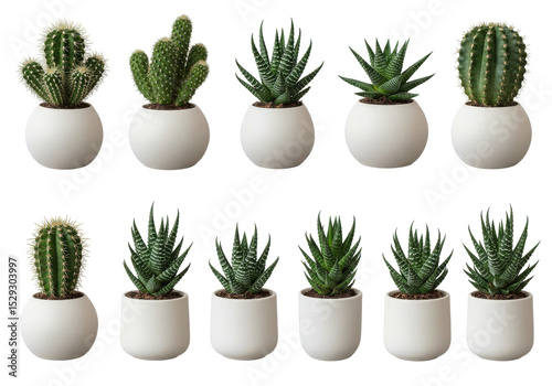 A vibrant display of various potted succulents and cacti arranged in modern white pots, showcasing their unique shapes and textures against a clean background