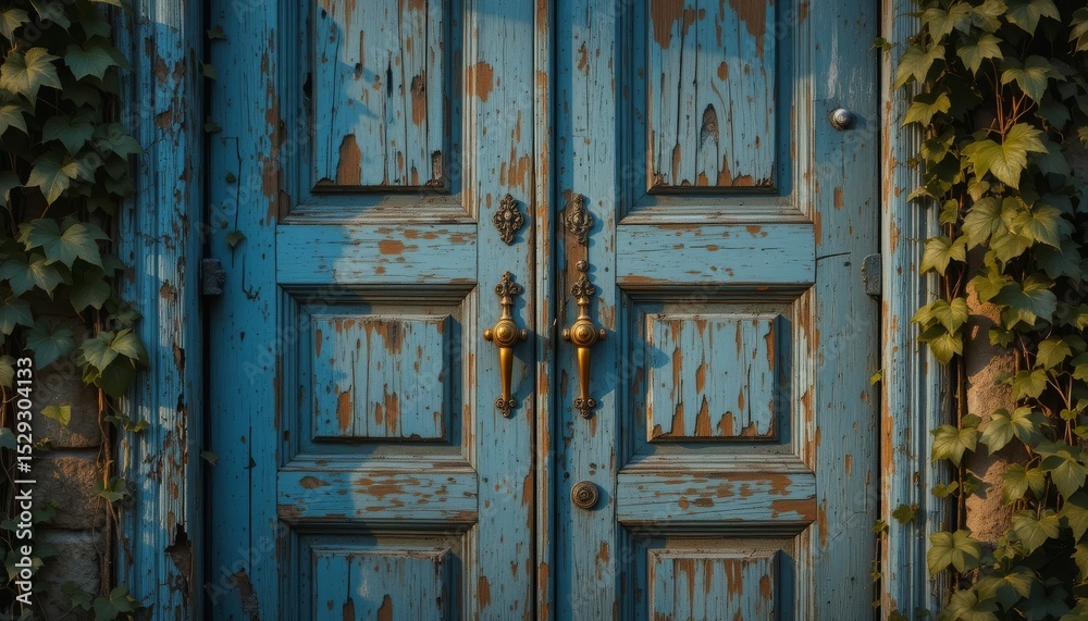 An ancient wooden door with peeling blue paint, ornate brass handles, scratched cracks, ivy growing around it, sunlight in the golden hour An ancient wooden door with peeling blue paint, ornate brass handles, scratched cracks, ivy growing around it, sunlight in the golden hour