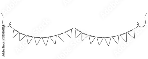Continuous line art drawing buntings garland. Birthday and jubilee party decoration in simple linear style. Festoon for celebrate carnival and festivals.