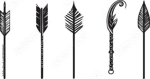 Five Hand Drawn Arrows with Different Shaped Heads and Fletchings vector illustration isolated on white background for archery logo, tattoo design, or hunting related graphics
