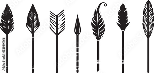 Set of seven boho arrows and feathers vector illustration isolated on white background black and white design concept for print web design banner poster sticker card and textile design