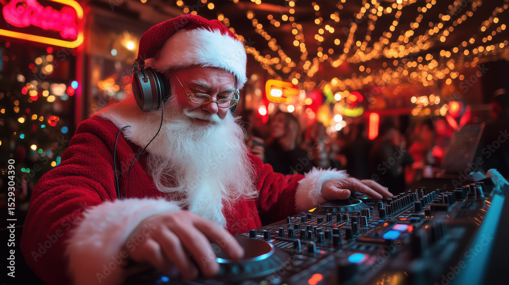 Obraz premium Christmas party with Santa Claus DJing in a festive nightclub, wearing headphones and spinning music on a colorful illuminated soundboard. Fun and modern holiday celebration.