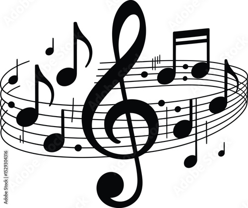 Musical composition featuring treble clef and various musical notes on a white background