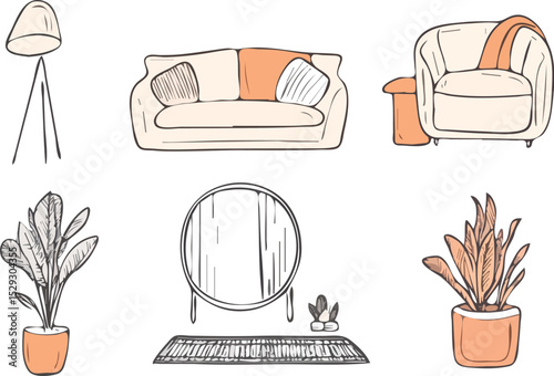 Hand-drawn vector illustration of a cozy living room interior with a sofa, armchair, floor lamp, mirror, plants, and a rug, perfect for home decor and interior design projects