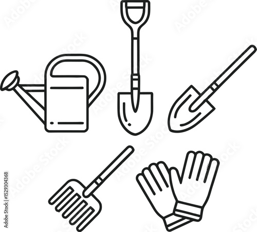 Outline drawing of gardening tools including shovels watering can and gardening gloves