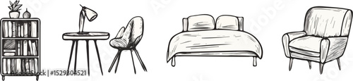 Hand-drawn vector illustration of furniture set including bookshelf, table, chair, bed, and armchair, ideal for interior design, home decor, and furniture store websites and advertising campaigns