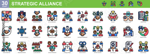 "Strategic Alliance" Collection of 30 icons related to Team Work, Joint Venture, Business Partner, Mutual Agreement, Global Network, Common Goal, Strategic Deal, Simple Lineal Color Style