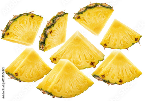 Freshly cut pineapple slices arranged artistically on a white background