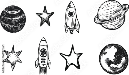 Hand Drawn Space Doodle Elements Set with Planets, Stars, and Rocket Ships Isolated on White Background Vector Illustration for Space Exploration, Astronomy, Science, and Education Projects