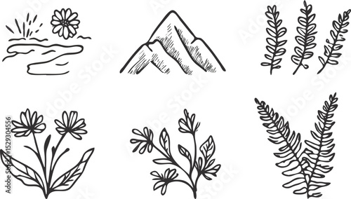 Hand Drawn Nature Elements Set with Mountain, Flower, Fern, and River Landscape Vector Illustration for Logo, Branding, Tattoo Design, and other Print Design Projects
