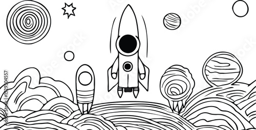 Rocket launch in space with planets and stars black and white vector illustration for coloring book activity page for kids and children