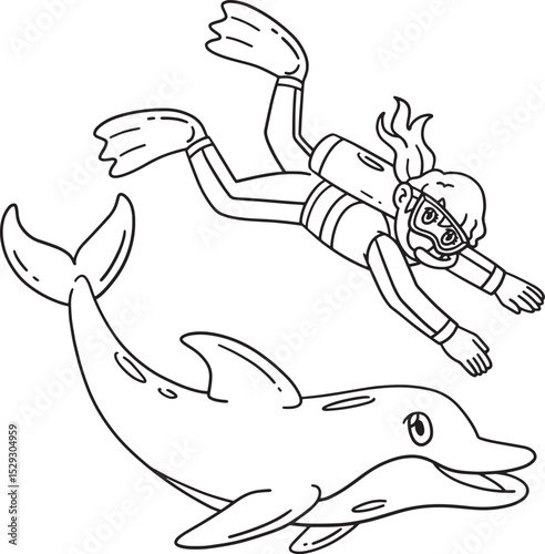 Scuba Diving Female Swimming Dolphin Isolated 