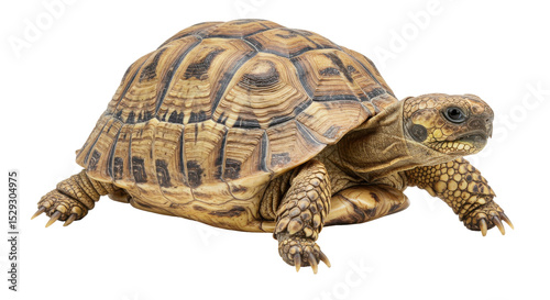 Close-up of a tortoise walking on a white background, showcasing its intricate shell patterns