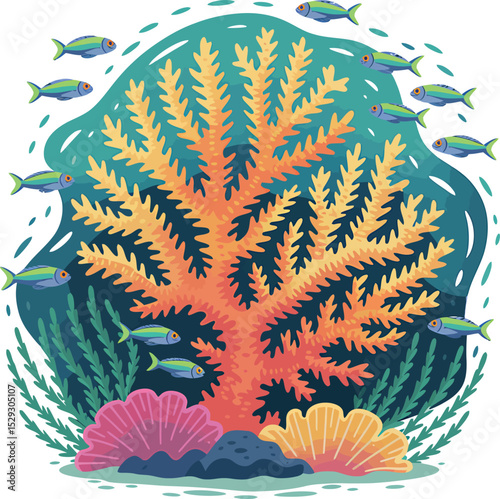 Vibrant cartoon illustration featuring underwater coral reef and swimming fish in the ocean