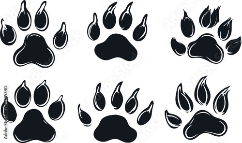 Set of six different paw prints of a predatory animal isolated on white background vector illustration for prints and posters or social media design