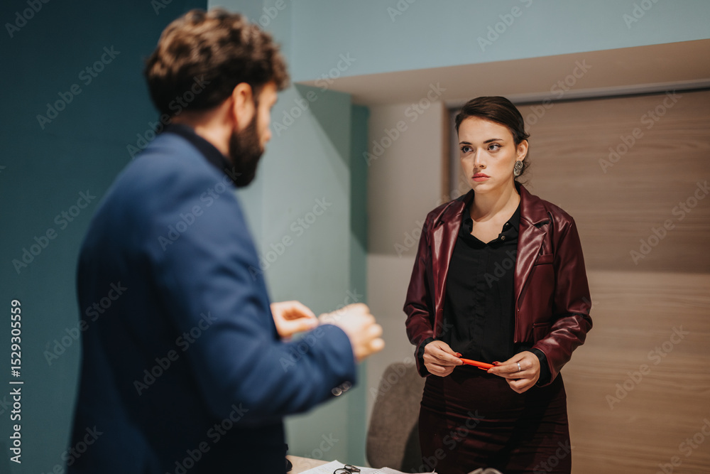 Fototapeta premium A professional meeting between two colleagues in an office setting, emphasizing communication and understanding.