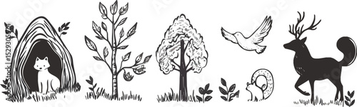 Forest Animals and Plants Vector Illustration Set with Fox in Den, Trees, Bird, Squirrel, and Deer, Ideal for Nature, Wildlife, and Children's Book Projects