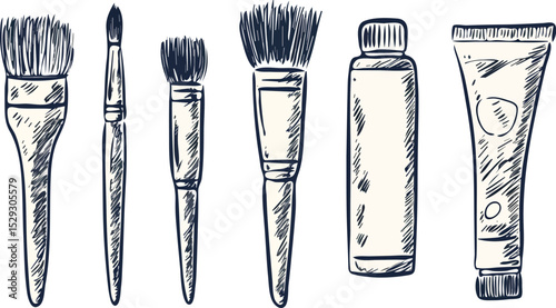 Set of Paint Brushes and Paint Tubes Hand Drawn Vector Illustration Isolated on White Background Design Elements for Art Supplies Stationery Store Branding Packaging and Creative Projects