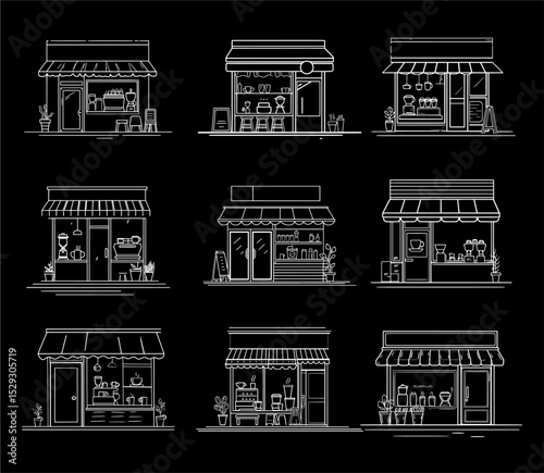 Nine Minimalist Line Art Shop Facades: Retail Storefront Illustrations