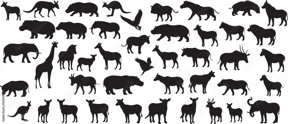 Obraz premium wild animal silhouette vectors containing black icons of a lion, elephant, eagle, kangaroo, zebra, horse, tiger, goat, deer, and wolf.