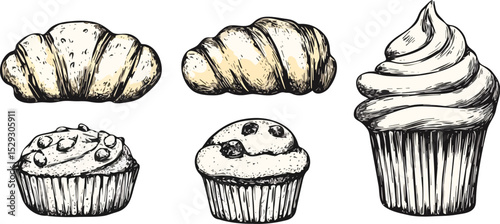 Hand-drawn vector illustration set of bakery goods including croissants, muffins, and cupcakes isolated on a white background ideal for cafe menus, recipe books, food blogs, and packaging designs