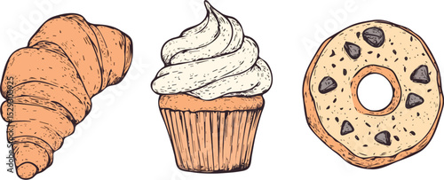 Hand-drawn vector illustration of a croissant, cupcake with frosting, and chocolate chip donut isolated on white background for bakery, cafe, menu, recipe, cookbook, sticker, logo, and more