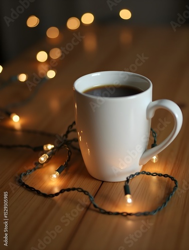 a white coffee cup sits on a wooden table with christmas lights