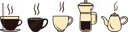 Coffee and Tea Icons Set Vector Illustration of Cups Mugs French Press and Teapot with Steam for Cafe Menu Restaurant Logo or Packaging Design