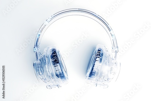 A pair of transparent headphones with visible wiring and glowing drivers.
