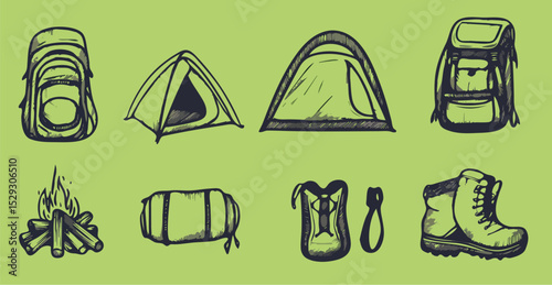 Hand Drawn Camping Equipment Set with Tent Backpack Sleeping Bag Campfire and Hiking Boots on Green Background Vector Illustration for Outdoor Adventure Travel and Hiking Designs