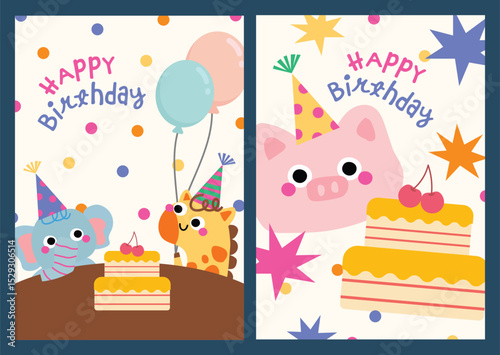 Cute kawaii birthday card set featuring adorable animal illustrations Perfect for kids celebrations fun parties and creative greetings with colorful designs.