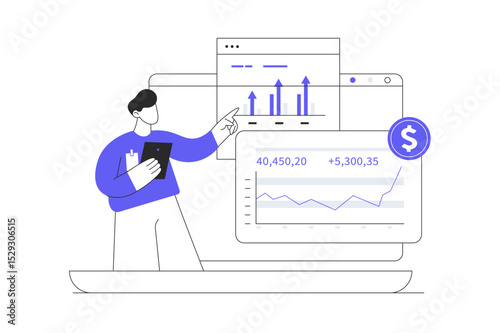 Financial investing money in stock market. Analyzing financial graphs, latest stock market news, other data. Stock trade. Flat Cartoon Vector Illustration, icon. Stylish abstract design landing page