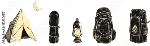 Camping equipment set with tent sleeping bag kerosene lamp and backpacks vector illustration isolated on white background concept for hiking tourism camping and travel design projects