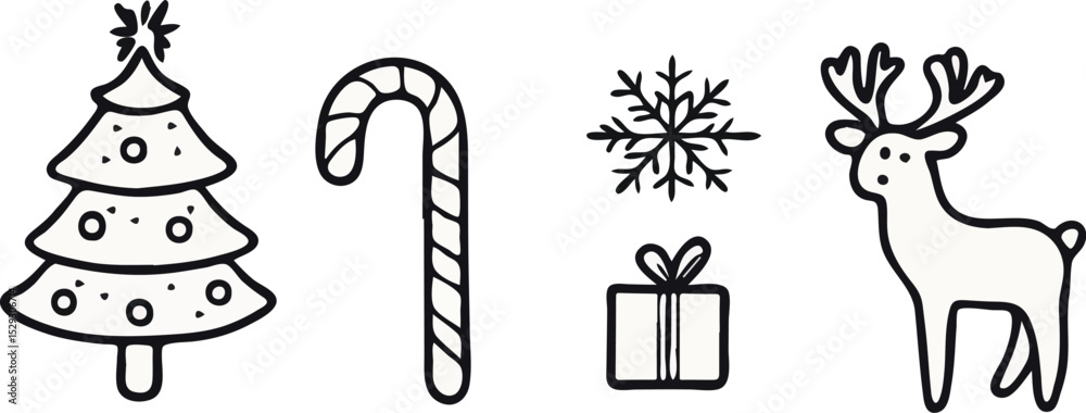 Obraz premium Christmas Holiday Icons Set Christmas Tree Candy Cane Snowflake and Reindeer Doodle Vector Illustration Isolated on White Background for Greeting Card Poster Banner Web Design and Social Media Post