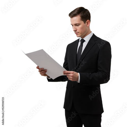 Focused Professional in Black Suit Reading Document, Standing Against White Background