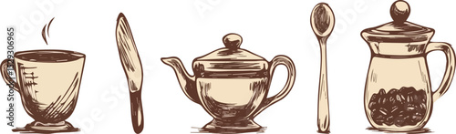 Hand-drawn vector illustration of coffee cup, butter knife, teapot, spoon, and coffee beans in a glass container, vintage style sketch elements for cafe menu, packaging, or branding design
