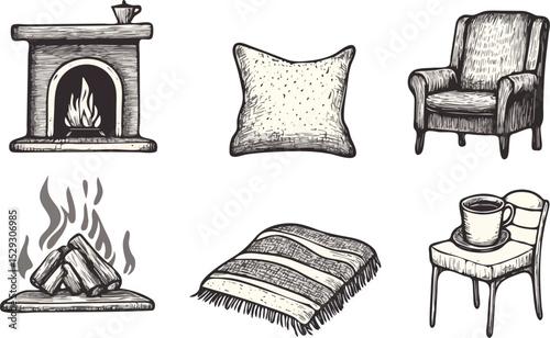 Cozy Home Interior Elements Fireplace Burning Logs Armchair Pillow Plaid and Cup of Coffee on Chair Vector Illustration Set