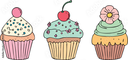 Set of three cute hand drawn vector cupcakes with colorful toppings isolated on white background, ideal for cafe menus, bakery logos, dessert illustrations, and sweet treat designs