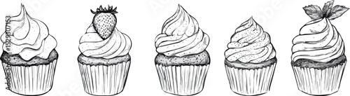 Set of five hand-drawn vector cupcakes with various toppings isolated on white background sweet treats for bakery cafe menu design poster or card vector illustration