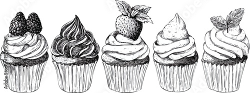 Set of five hand drawn cupcakes with different toppings blackberries strawberry and mint vector illustration isolated on white background ideal for menu cards invitations and posters