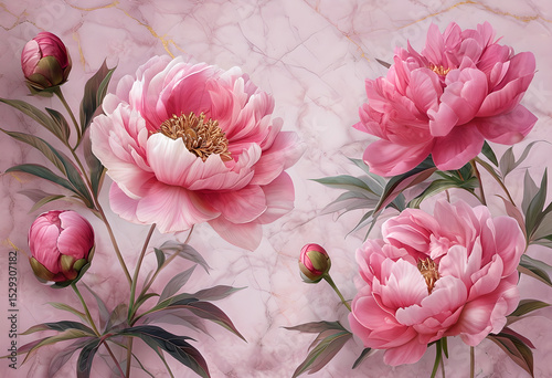 Blooming Peonies Against Marble Background In Soft Pink Tones. Wallpaper Soft Pink Peonies on Marble. Pink Peony Blooms on White Marble