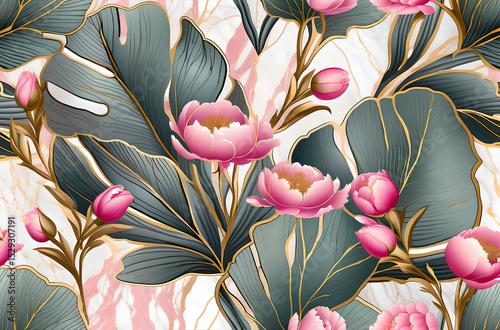 Tropical leaves and pink peonies on a marbled pink background. Floral Wallpaper Pink Peonies. Marble Pink Background.
