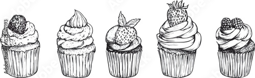 Five variations of cupcakes with cream and berries vector illustration isolated on white background concept for menu cafe shop restaurant and birthday party design