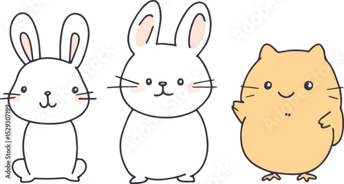Cute Kawaii Bunny Rabbit and Chick Vector Illustration Set Isolated on White Background for Easter Spring and Baby Themes Design Element for Greeting Cards Invitations Posters and Social Media Posts