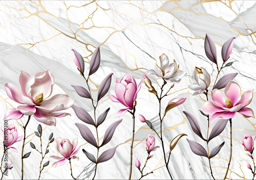 Delicate Pink Magnolia Flowers on Elegant Marble Texture. Magnolia Flower Wallpaper on gray with gold marble background.