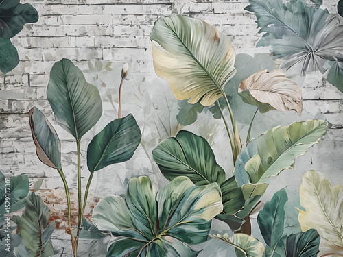 Watercolor illustration of Green Monstera Leaves on a white brick background. Wallpaper with Green Leaves in close-up. White Brick Wall.