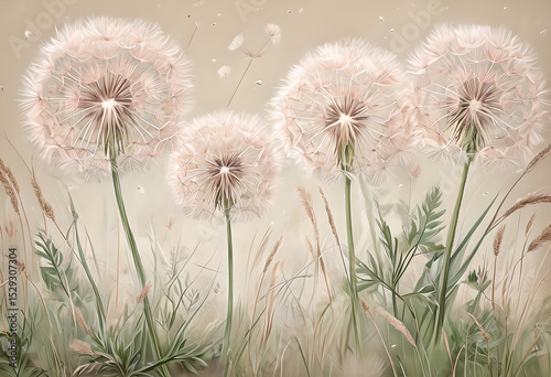 Close-up illustration of dandelions on beige background. Watercolor floral illustration, dandelions in grass, light beige background.
